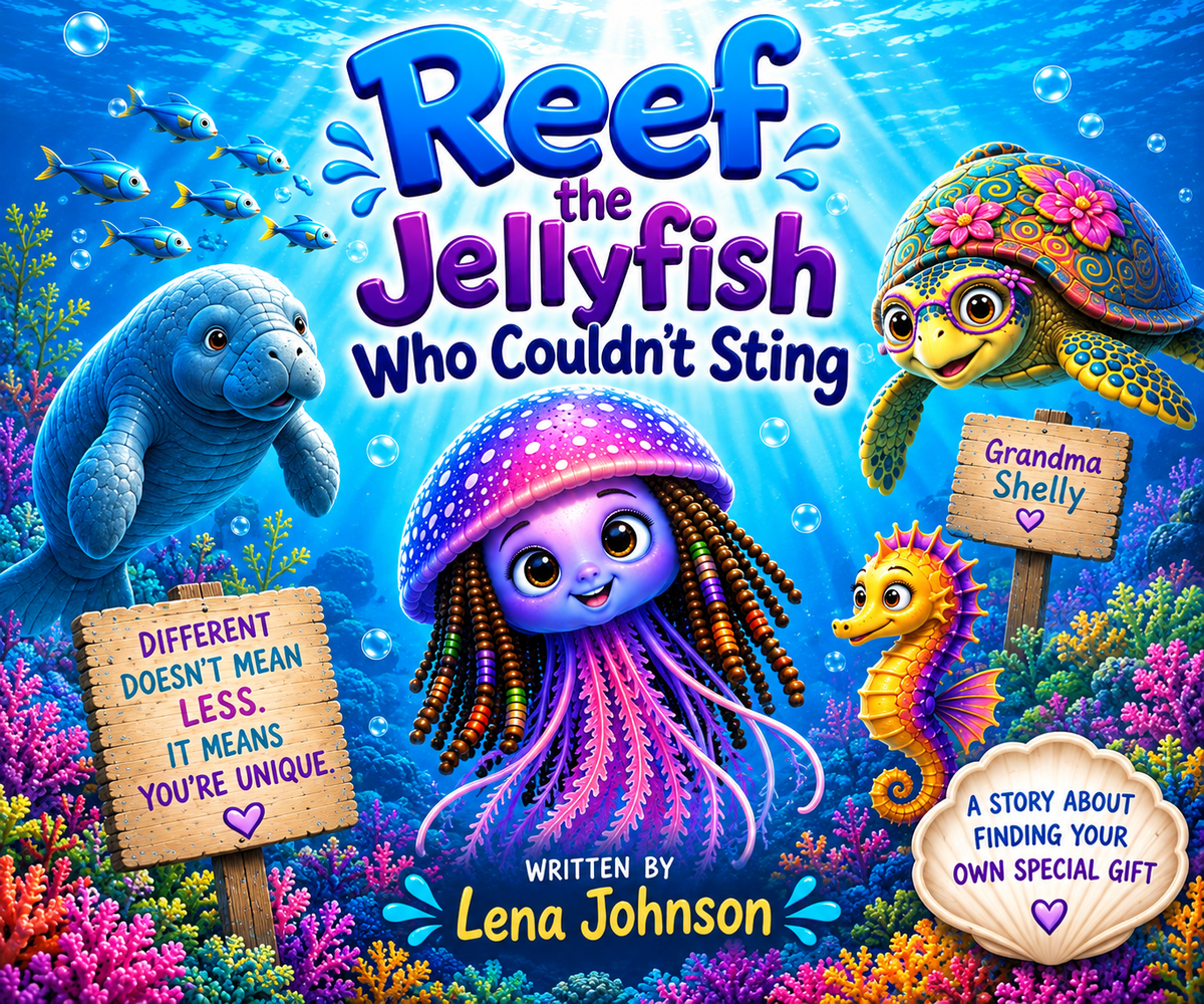 Reef the Jellyfish Who Couldn’t Sting (Print)Ages 4-8             Reef, a young jellyfish who can’t sting, discovers that being different doesn’t make him weak when his speed, courage, become unique gifts help him shine.
